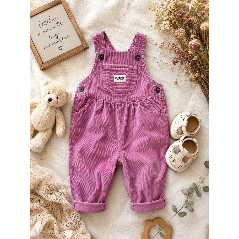 OshKosh Bgosh Purple Corduroy Overalls Baby Girls 6-9 Months Cotton Bibs Vintage